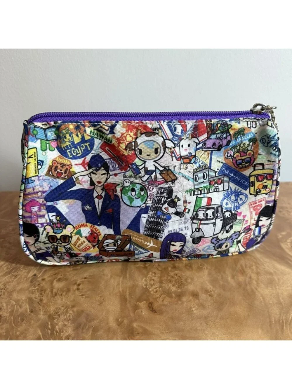 Tokidoki Trasporto Travel Print Purple PVC Cosmetic Makeup Bag Train Case Pouch